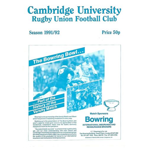 1991/92 Cambridge University v Crawshay's XV (28/09/1991) Rugby Union Programme
