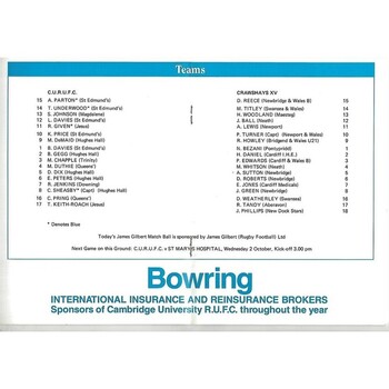 1991/92 Cambridge University v Crawshay's XV (28/09/1991) Rugby Union Programme