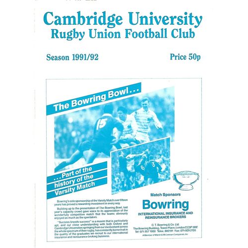 1991/92 Cambridge University v M.R Steele-Bodger's XV (17/11/1991) Rugby Union Programme