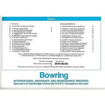 1991/92 Cambridge University v M.R Steele-Bodger's XV (17/11/1991) Rugby Union Programme