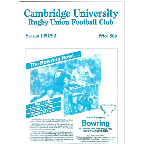 1991/92 Cambridge University v Waseda University (29/02/1992) Rugby Union Programme