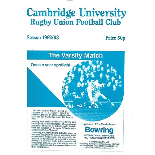 1992/93 Cambridge University v Askeans ((06/02/1993) Rugby Union Programme