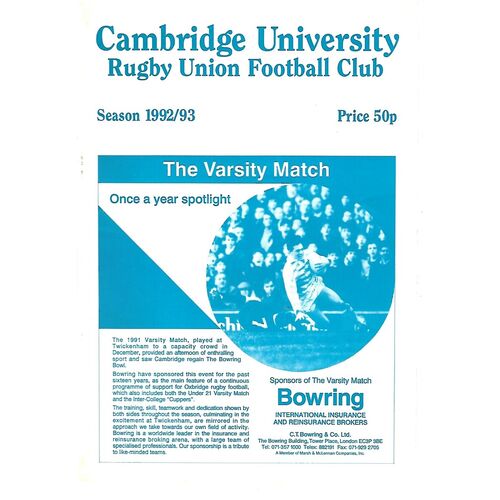 1992/93 Cambridge University v Crawshay's XV (10/11/1992) Rugby Union Programme