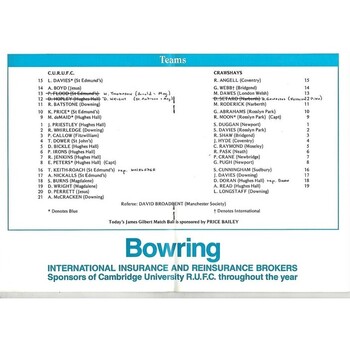 1992/93 Cambridge University v Crawshay's XV (10/11/1992) Rugby Union Programme