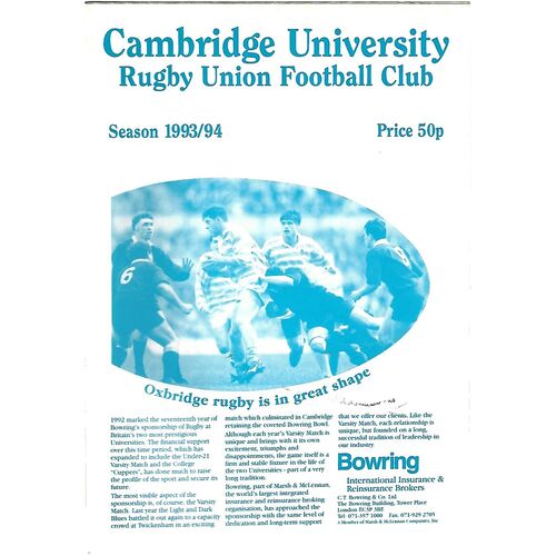 1993/94 Cambridge University v University of Orange Free State Tour Match Rugby Union Programme & Souvenir Tour Brochure
