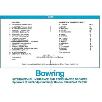 1993/94 Cambridge University v University of Orange Free State Tour Match Rugby Union Programme & Souvenir Tour Brochure