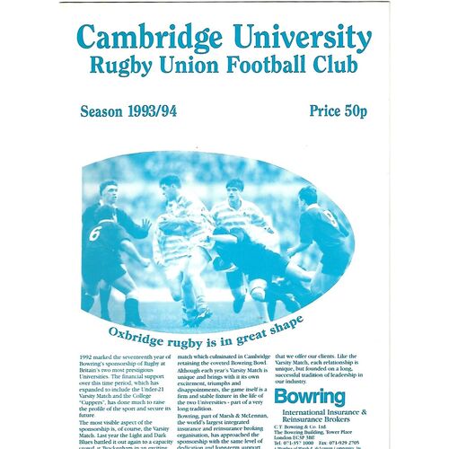 1993/94 Cambridge University v Royal Navy (26/01/1994) Rugby Union Programme