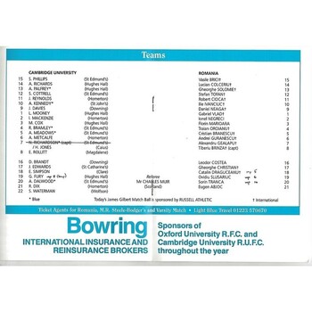 1994/95 Cambridge University v Crayshay's XV (04/11/1994) Rugby Union Programme