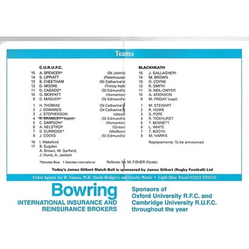 1995/96 Cambridge University v Blackheath (02/03/1996) Rugby Union Programme