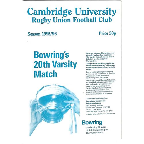 1995/96 Cambridge University v Crawshay's XV (17/10/1995) Rugby Union Programme