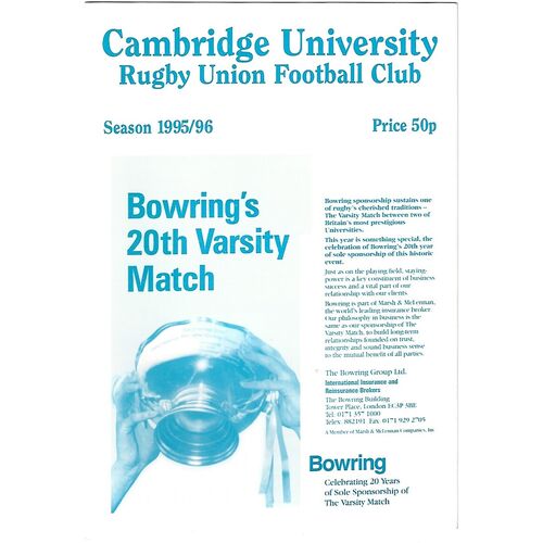 1995/96 Cambridge University v Northampton (07/11/1995) Rugby Union Programme