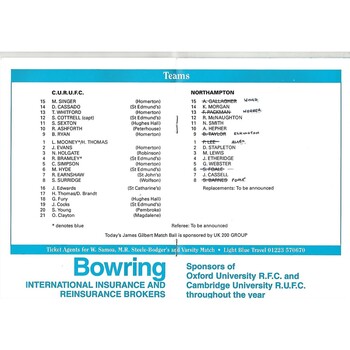 1995/96 Cambridge University v Northampton (07/11/1995) Rugby Union Programme