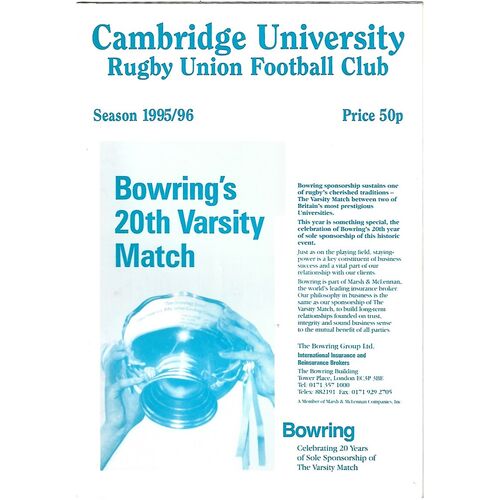 1995/96 Cambridge University v Rosslyn Park (10/10/1995) Rugby Union Programme