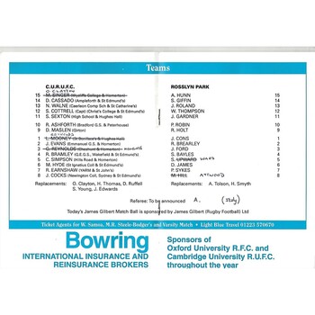1995/96 Cambridge University v Rosslyn Park (10/10/1995) Rugby Union Programme