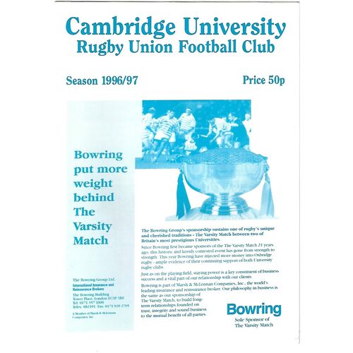 1996/97 Cambridge University v Waseda University (08/03/1997) Rugby Union Programme
