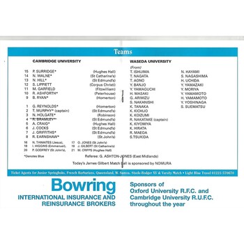 1996/97 Cambridge University v Waseda University (08/03/1997) Rugby Union Programme