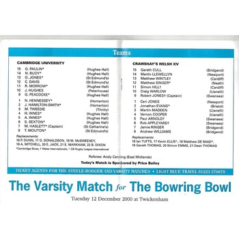1999/00 Cambridge University V Crawshay's Welsh XV (16/02/2000) Rugby Union Programme