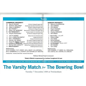 1999/00 Cambridge University v Durham University (15/01/2000) Rugby Union Programme