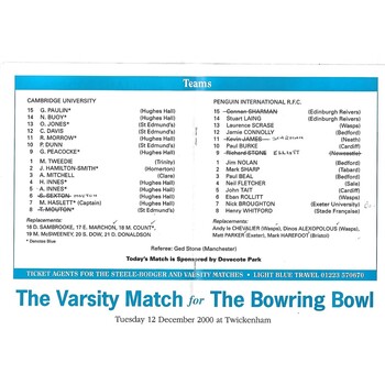 1999/00 Cambridge University v Penguins (01/03/2000) Rugby Union Programme