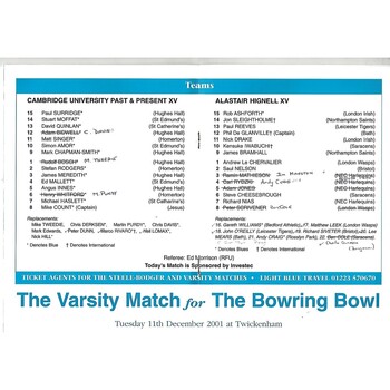 2000/01 Cambridge University (Past & Present) v Alastair Hignell XV (07/03/2001) Rugby Union Programme