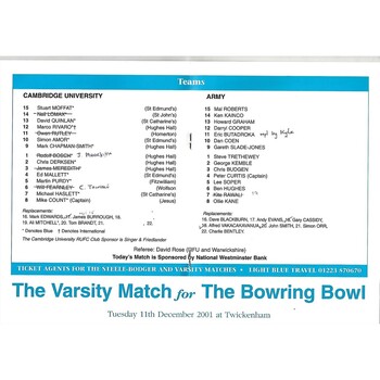 2000/01 Cambridge University v Army (07/02/2001) Rugby Union Programme
