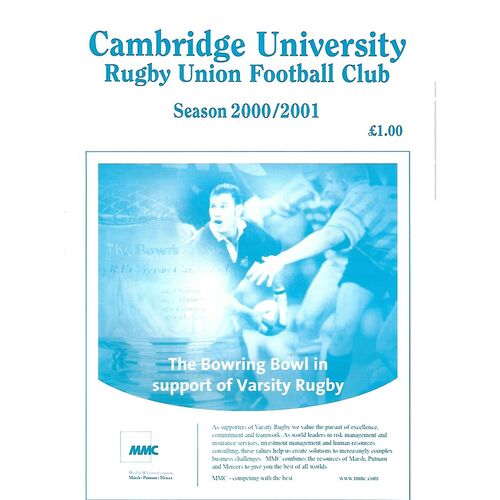 2000/01 Cambridge University v Crawshay's Welsh XV (28/02/2001) Rugby Union Programme