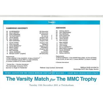 2001/02 Cambridge University v Aberavon (13/10/2001) Rugby Union Programme