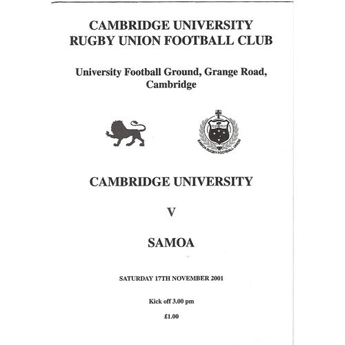 2001/02 Cambridge University v Samoa Tour Match (17/11/2001) Rugby Union Programme