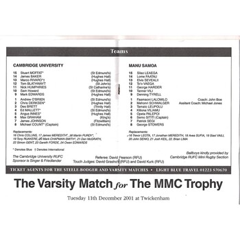 2001/02 Cambridge University v Samoa Tour Match (17/11/2001) Rugby Union Programme