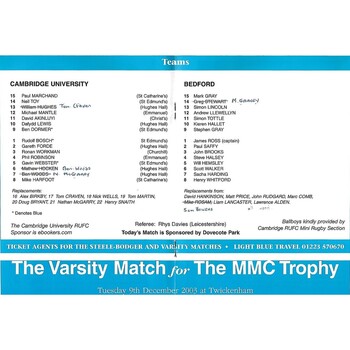 2003/04 Cambridge University v Bedford (14/10/2003) Rugby Union Programme