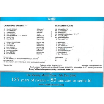 2006/07 Cambridge University v Leicester Tigers (13/11/2006) Rugby Union Programme