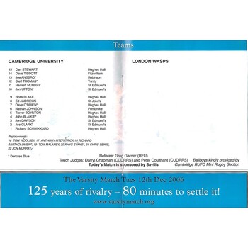 2006/07 Cambridge University v London Wasps (30/10/2006) Rugby Union Programme