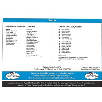 2007/08 Cambridge University v Trinity College Dublin (02/10/2007) Rugby Union Programme