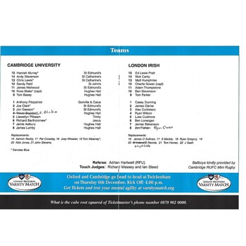 2007/08 Cambridge University v London Irish (05/11/2007) Rugby Union Programme