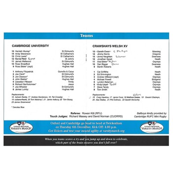 2007/08 Cambridge University v Crawhay's Welsh XV (14/11/2007) Rugby Union Programme