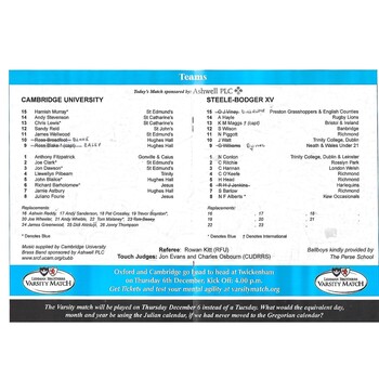 2007/08 Cambridge University v M.R Steele-Bodger's XV (21/11/2007) Rugby Union Programme