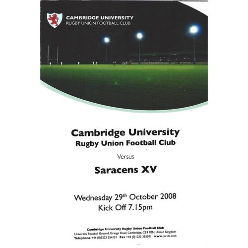 2008/09 Cambridge University v Saracens XV (29/10/2008) Rugby Union Programme