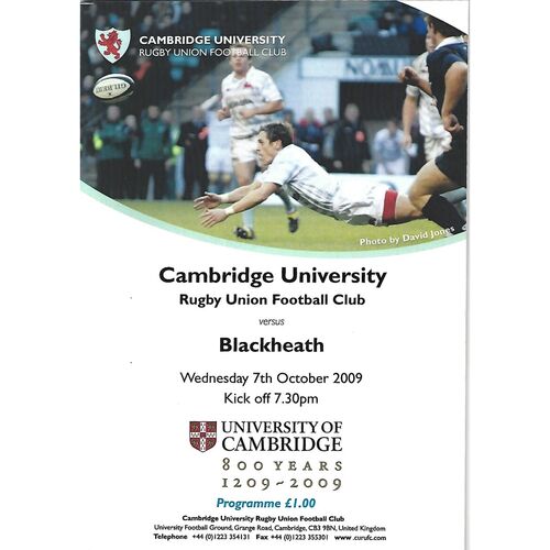 2009/10 Cambridge University v Blackheath (07/10/2009) Rugby Union Programme