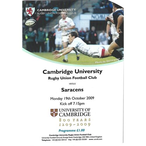 2009/10 Cambridge University v Saracens (19/10/2009) Rugby Union Programme
