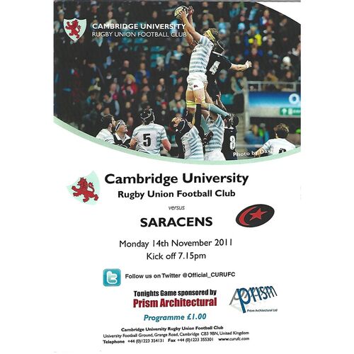 2011/12 Cambridge University v Saracens (14/11/2011) Rugby Union Programme