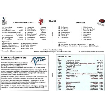 2011/12 Cambridge University v Saracens (14/11/2011) Rugby Union Programme
