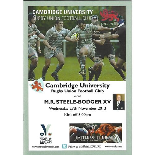 2013/14 Cambridge University v M.R Steele-Bodger's XV (27/11/2013) Rugby Union Programme