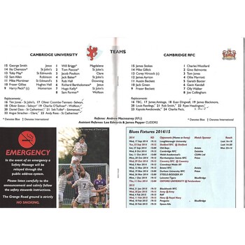 2014/15 Cambridge University v Cambridge (08/10/2014) Rugby Union Programme & 2014 Home Fixture List