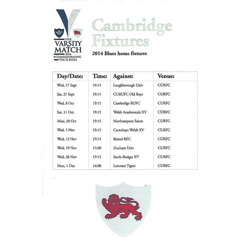 2014/15 Cambridge University v Cambridge (08/10/2014) Rugby Union Programme & 2014 Home Fixture List