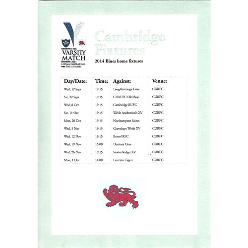 2014/15 Cambridge University v Northampton Saints (20/10/2014) Rugby Union Programme & Home Fixture List