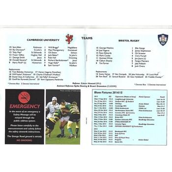 2014/15 Cambridge University v Bristol Rugby (12/11/2014) Rugby Union Programme