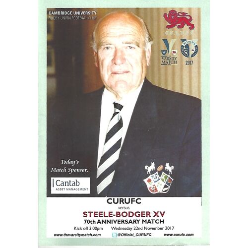 2017/18 Cambridge University v M.R Steele-Bodger's XV 70th Anniversary Match (22/11/2017) Rugby Union Programme