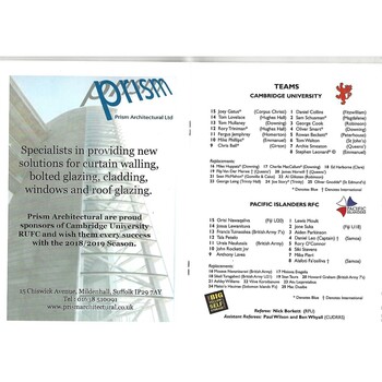2019/20 Cambridge University v Pacific Islanders (20/11/2019) Rugby Union Programme
