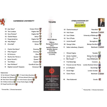 2019/20 Cambridge University v M.R Steele-Bodger's XV (27/11/2019) Rugby Union Programme