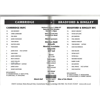 2006/07 Cambridge v Bradford & Bingley (28/10/2006) Rugby Union Programme